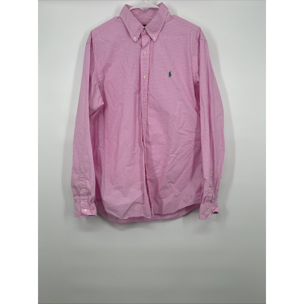 Ralph Lauren Men's XL Pink Gingham Shirt Green Pony Cotton Long Sleeve - Picture 2 of 9